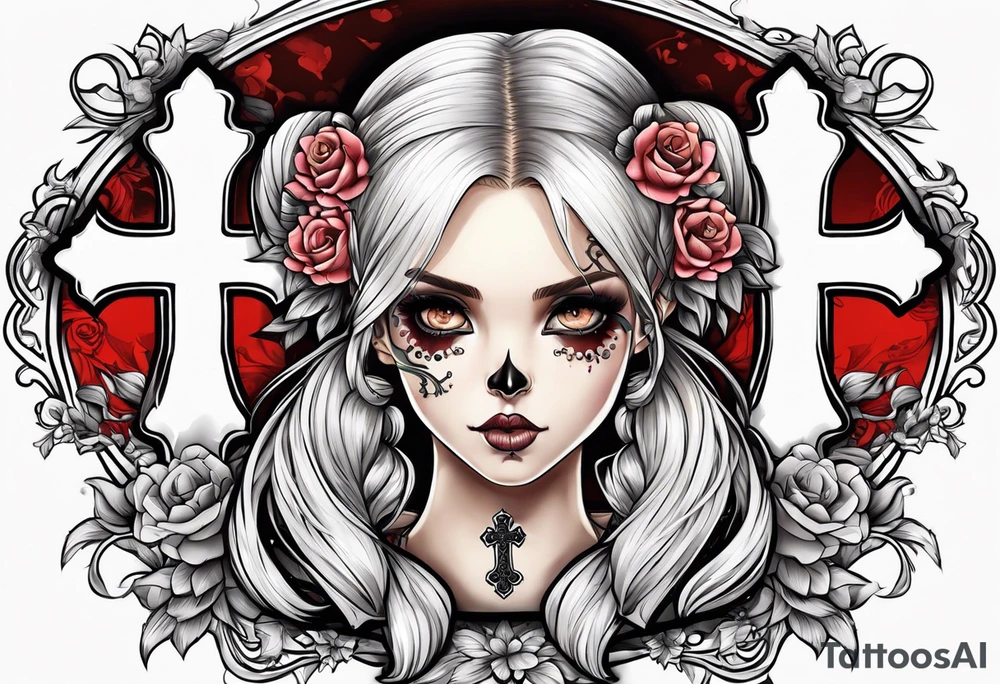 Skull and cross bones with blonde pigtails tattoo idea