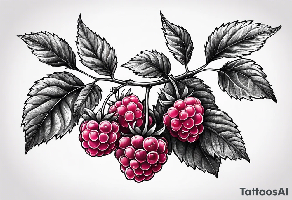 a long raspberry branch with lots of leaves and no shading tattoo idea