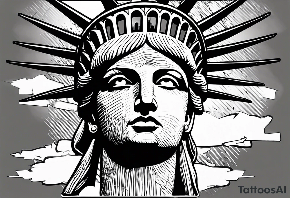 New york city skyline with Statute of liberty head in the background. White outline around head. Below the skyline in grafitti style text "NO QUIT" in the negative white space with shading around it. Put ice skatng marks through the text and throughout the image tattoo idea