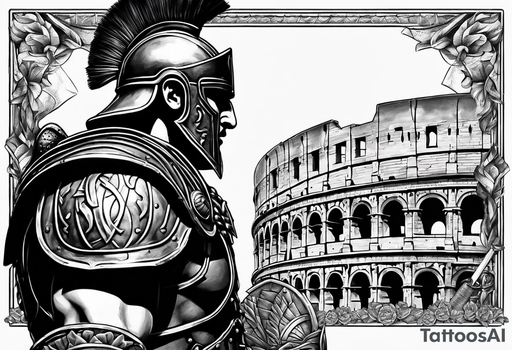 A gladiator with armor side profile with the Roman Coliseum in the background tattoo idea