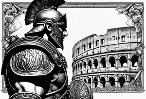 A gladiator with armor side profile with the Roman Coliseum in the background tattoo idea