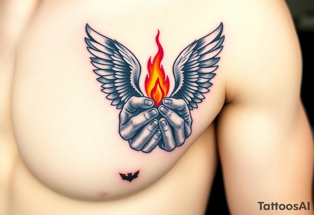 A Guardian Angel’s Hands Holding a Small Flame (only red , blue and black are possible colors) tattoo idea