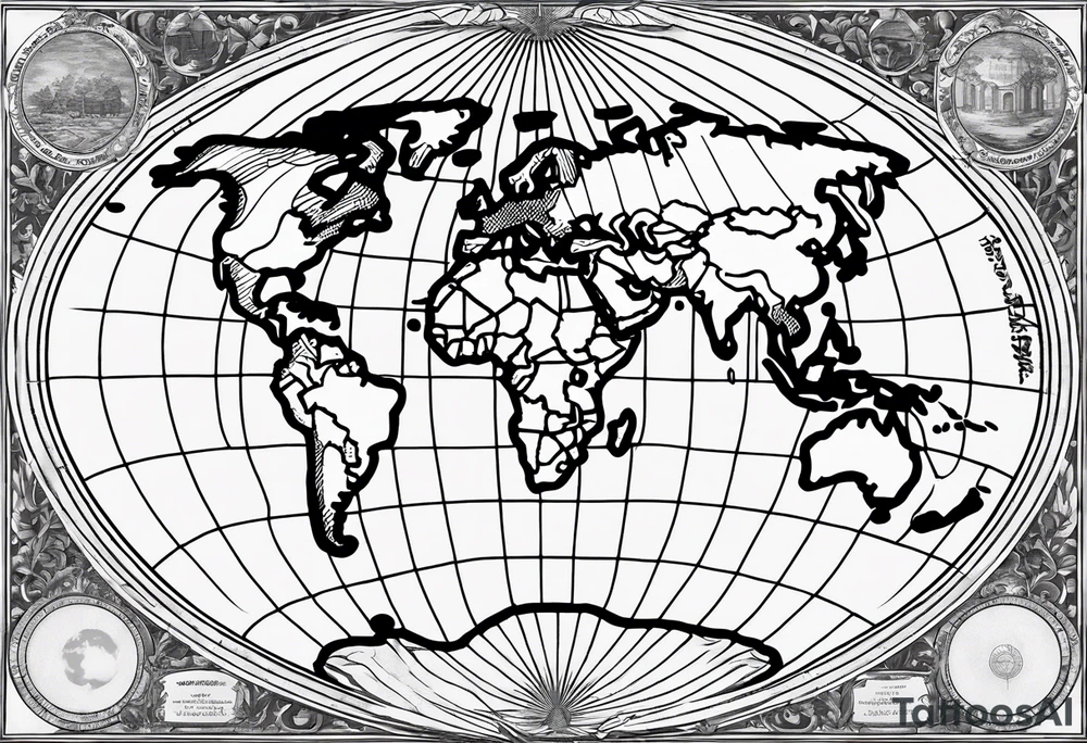 the earth on a flat map with no shading placed on a grid with only the lines with accurate depictions of the borders in countries while having it in an oval/circular position on a grid without any borders on the sides while having the countries not have such bold borders tattoo idea