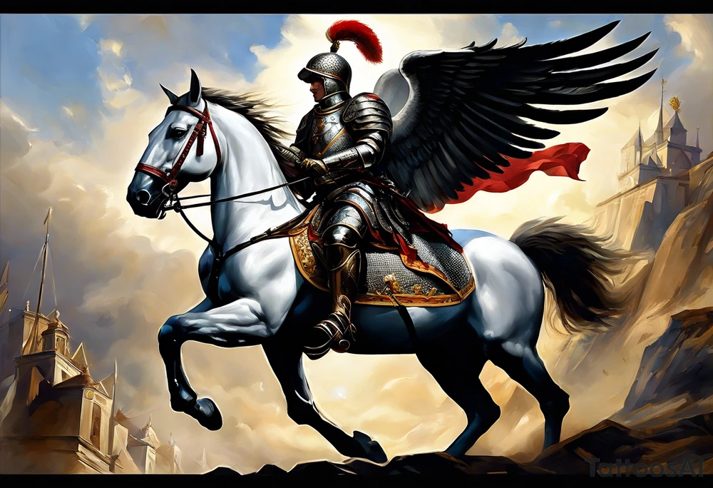**Main Theme**: A Hussar on horseback in full armor, dynamically portrayed in the middle of a charge. The Hussar's wings are clearly visible, adding dynamics to the composition.
   - Archangel Michael positioned in the background, with a raised sword ready for battle, armed with a shield.
   - The Hussar is holding a banner showcasing the White Eagle.
   - Elements of the Arch tattoo idea