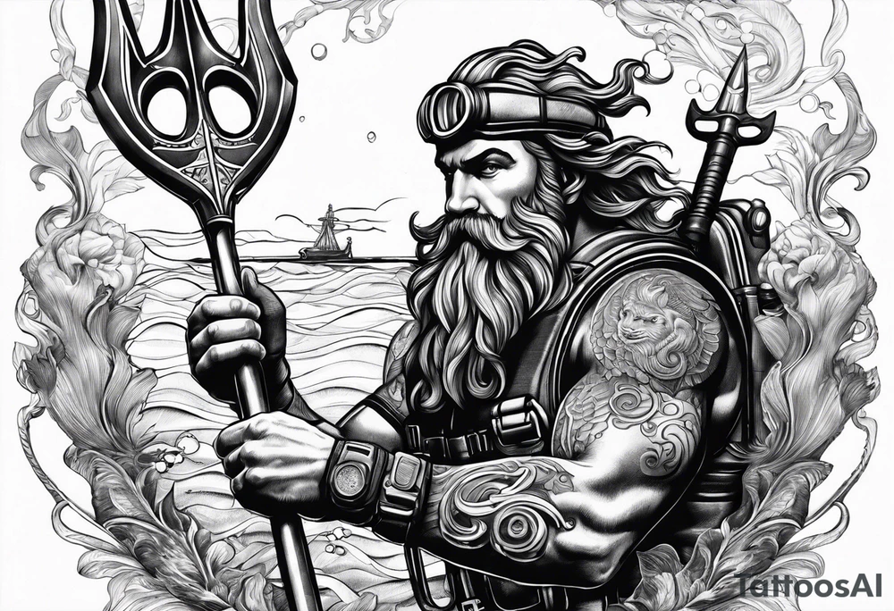 Scuba diver holding a trident of Poseidon underwater tattoo idea