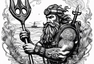 Scuba diver holding a trident of Poseidon underwater tattoo idea
