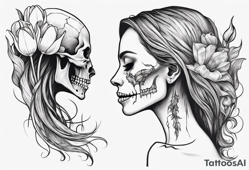 sideview of smiling female skull with long hair, one decayed tulip, one perfect tulip and one tulip bud tattoo idea