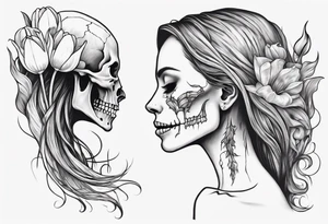 sideview of smiling female skull with long hair, one decayed tulip, one perfect tulip and one tulip bud tattoo idea