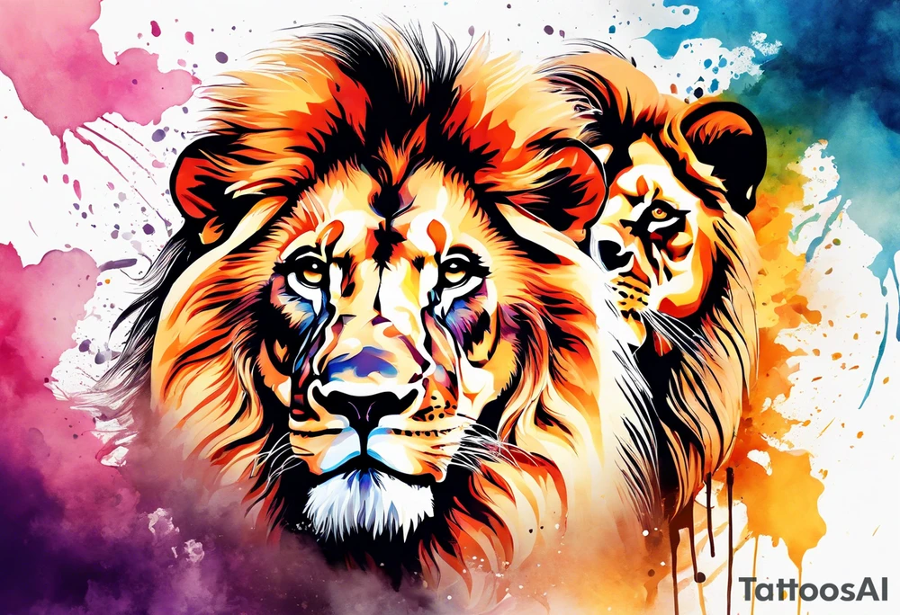 Water Colour splash back. Male and Female. Lions. Power and love. One protecting the other tattoo idea