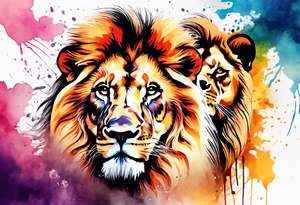 Water Colour splash back. Male and Female. Lions. Power and love. One protecting the other tattoo idea