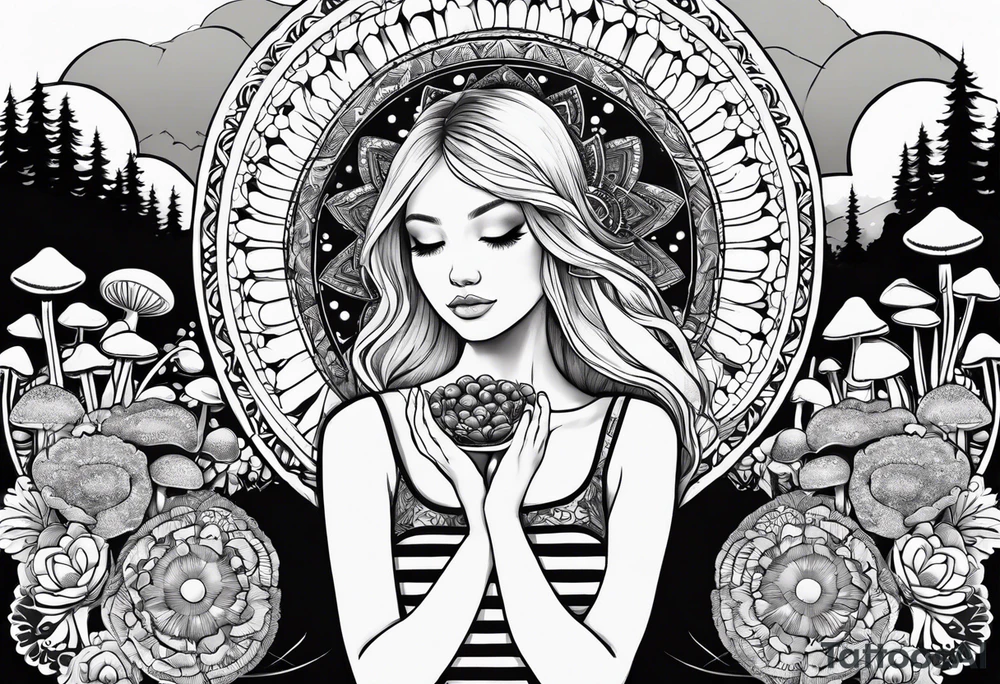 Straight blonde hair girl holding mushrooms in hand meditating facing away toward mountains surrounded by mushrooms crescent moon mandala circular design black and white striped dress tattoo idea