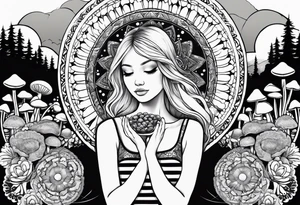 Straight blonde hair girl holding mushrooms in hand meditating facing away toward mountains surrounded by mushrooms crescent moon mandala circular design black and white striped dress tattoo idea