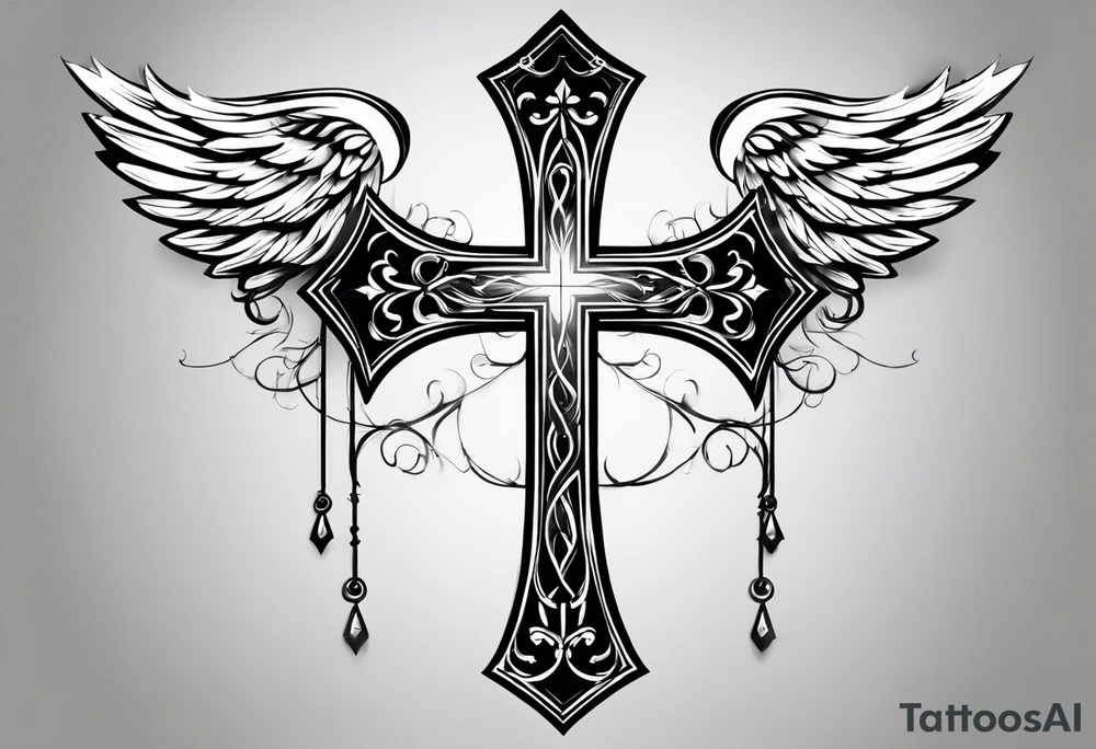 I need a tattoo in minimalism, the main element will be a cross, which should have angel wings, and barbed wire runs from top to bottom along the cross tattoo idea