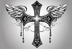 I need a tattoo in minimalism, the main element will be a cross, which should have angel wings, and barbed wire runs from top to bottom along the cross tattoo idea