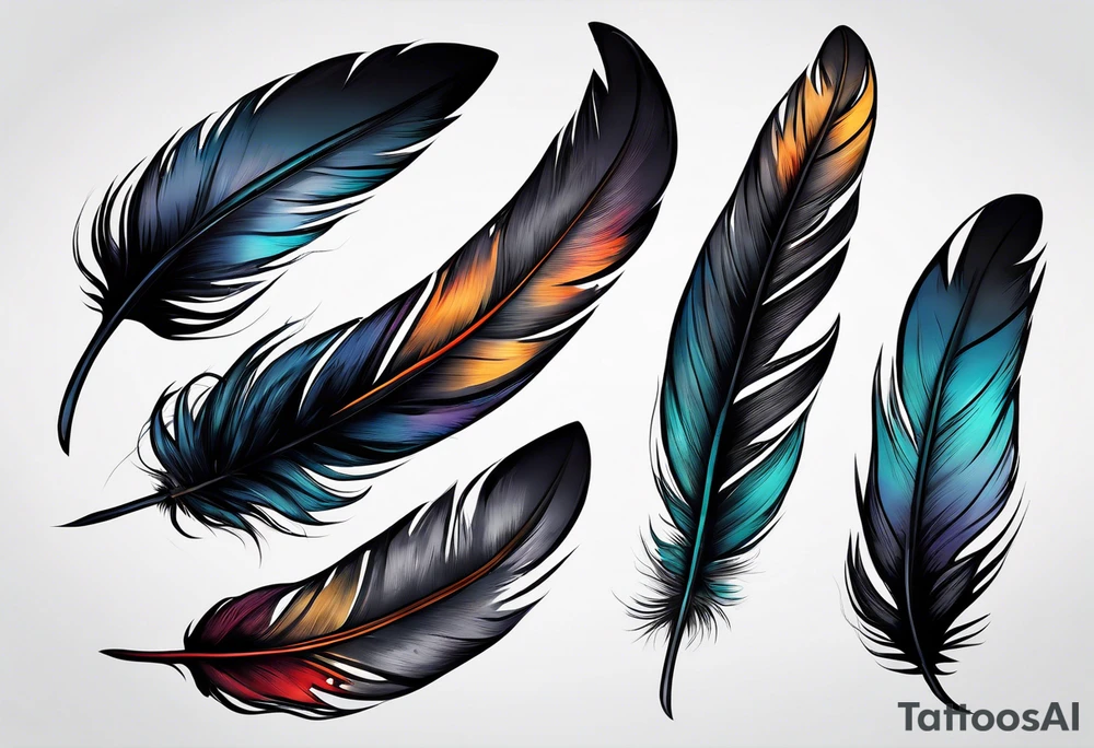 crow feather with 6 birds flying off as a feater tattoo idea
