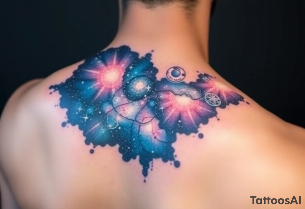 Beautiful and epic 3d milky way that appears to be what is beneath the skin. Make it drape over the shoulder and move to the middle back. use negative spaces to create stars and dust. Incorporate God breathing life into the universe. Keep it symmetrical tattoo idea
