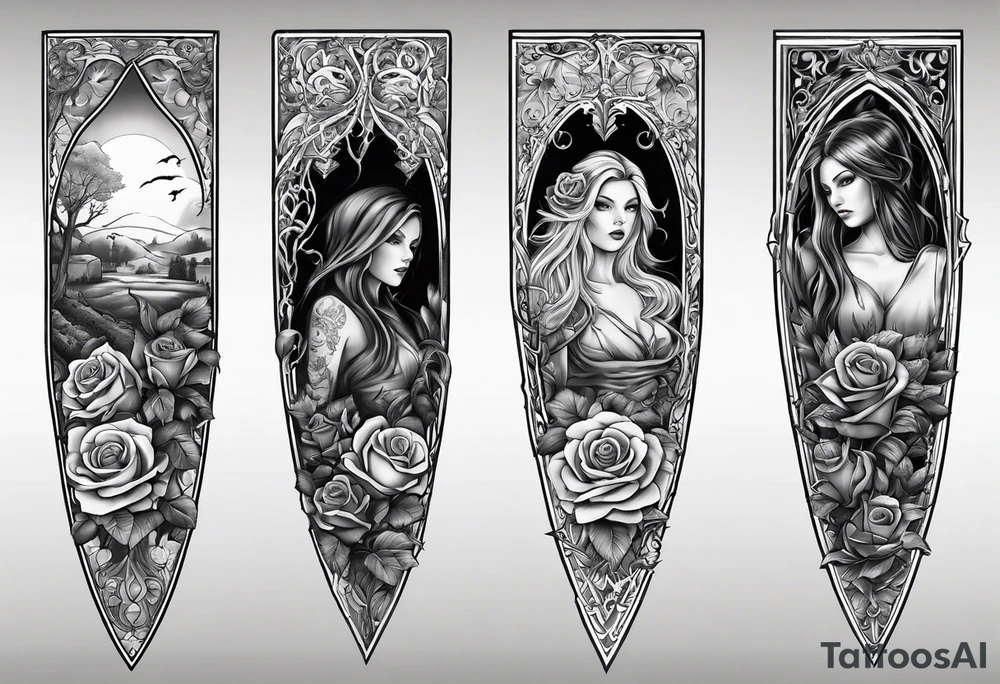 tattoo fool sleeve, old broken gothic home, broken sword, tree roots break out of the chains, roses tattoo idea