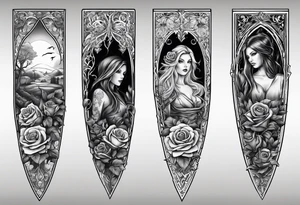 tattoo fool sleeve, old broken gothic home, broken sword, tree roots break out of the chains, roses tattoo idea