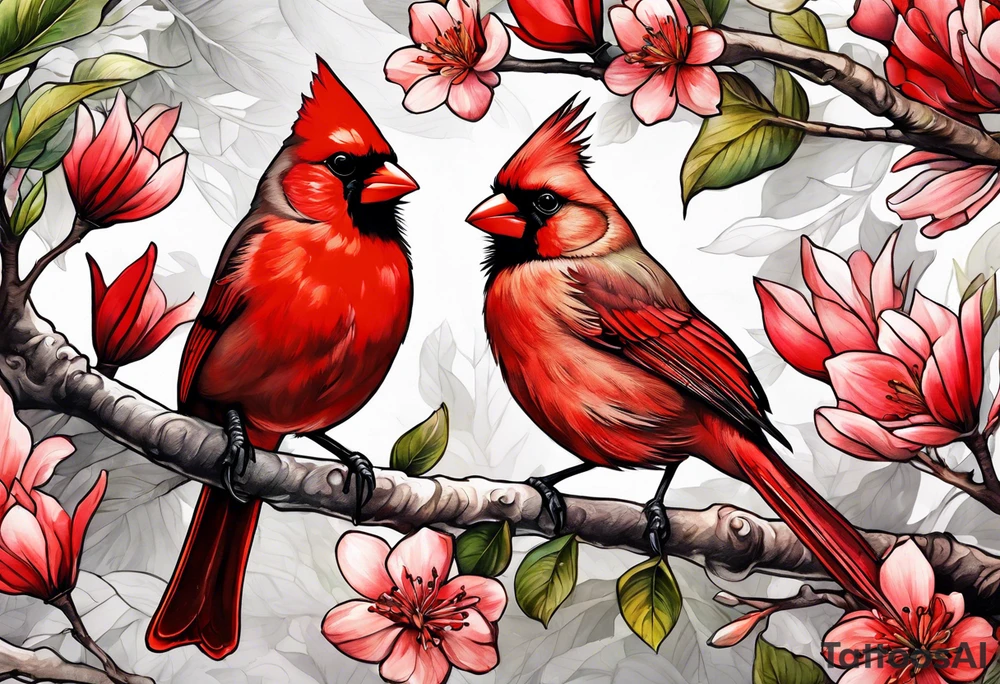 Trees, flowers, red cardinal, representing growth from grief tattoo idea
