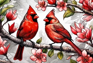 Trees, flowers, red cardinal, representing growth from grief tattoo idea