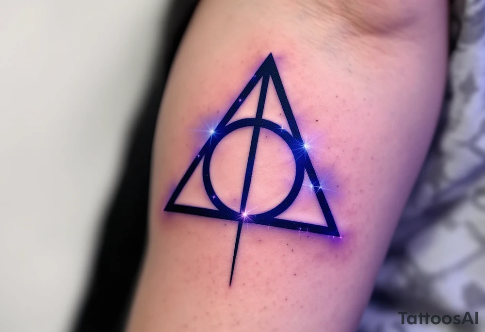 A detailed Deathly Hallows symbol (triangle, circle, and line) with a soft, glowing effect around it in deep blue and purple hues, giving it an ethereal and magical feel, symbolizing the power of the three legendary objects. tattoo idea