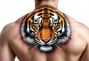 A full body tiger with piercing yellow eyes, fur detailed in deep orange, white, and jet black stripes include shadows as well tattoo idea