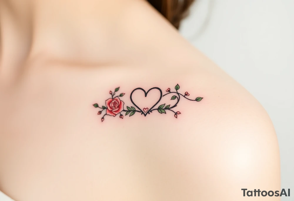 Full infinity symbol made out of vine banches with delicate roses and a heart at its center, in soft red and green hues tattoo idea