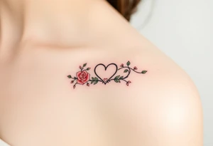 Full infinity symbol made out of vine banches with delicate roses and a heart at its center, in soft red and green hues tattoo idea
