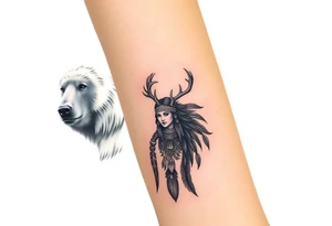 Indigenous, Majestic, and Powerful male Goliath Grizzly Bear and Elk. Both guarding an Indigenous, Majestic, and Powerful Raven haired Warrior Squaw tattoo idea