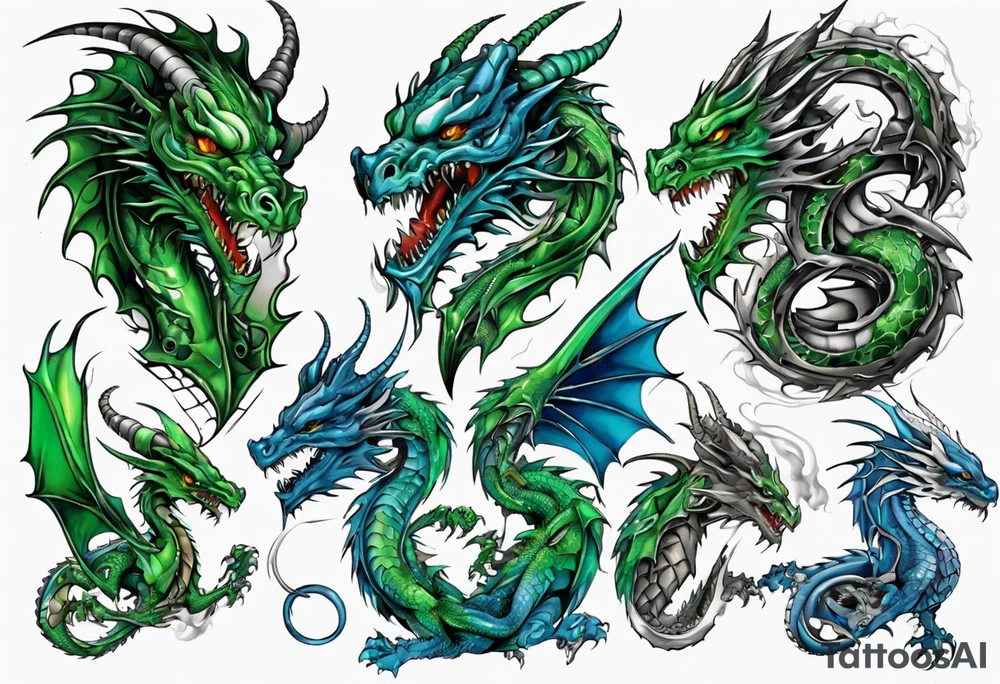 2 dragons one green and other blue tattoo idea