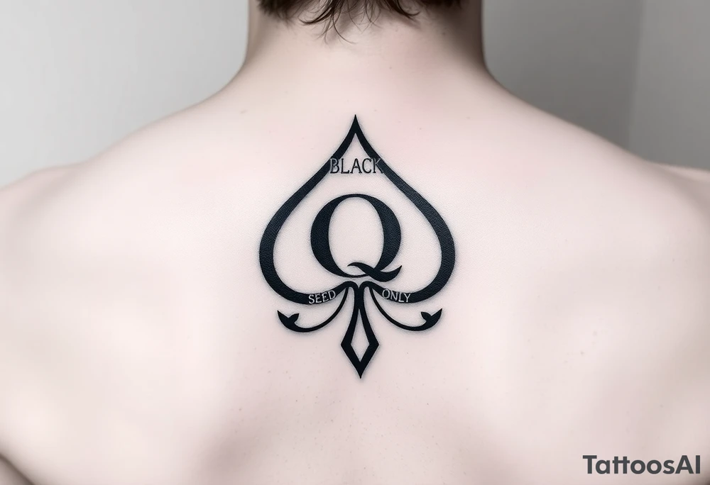 A spade womb tattoo with a Q in the center, with three points around the outside. The first reading, "BLACK". The second reading, "SEED". The third reading, "ONLY". tattoo idea