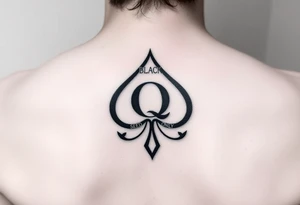A spade womb tattoo with a Q in the center, with three points around the outside. The first reading, "BLACK". The second reading, "SEED". The third reading, "ONLY". tattoo idea