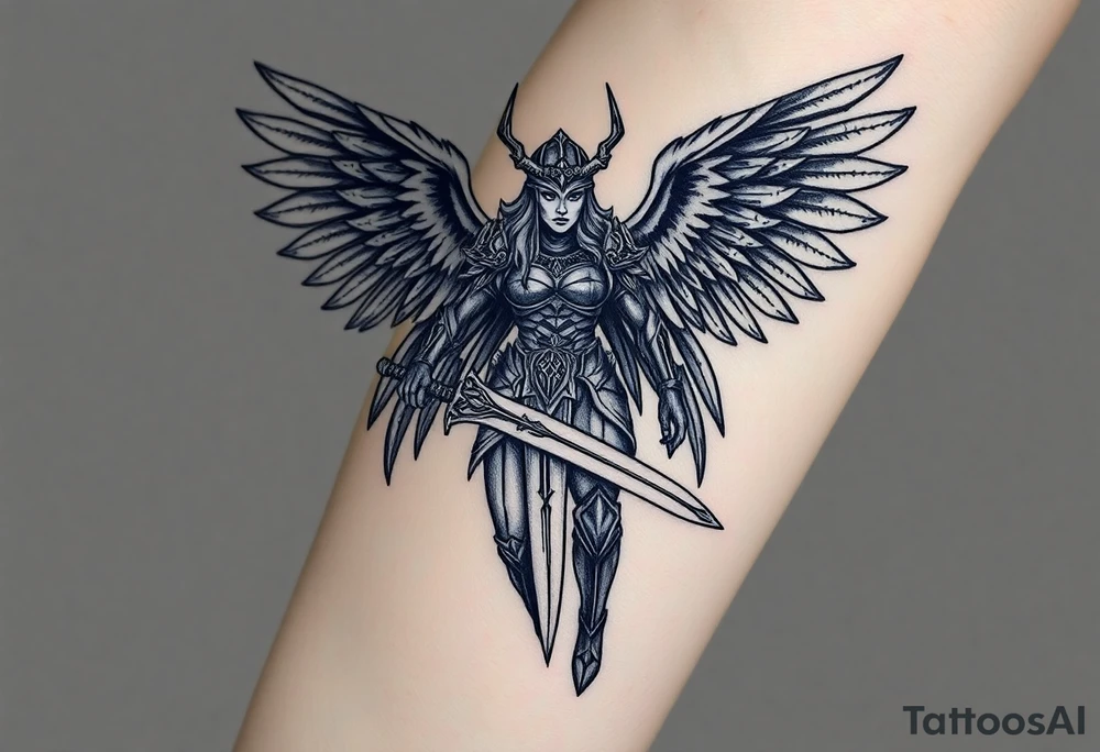 A fierce looking Valkyrie with very big dark wings. The whole body with legs should be visible. 
She's wielding a intricatelly decorated sword and a sturdy

She has heavy armor and a helmet with 
Wings tattoo idea