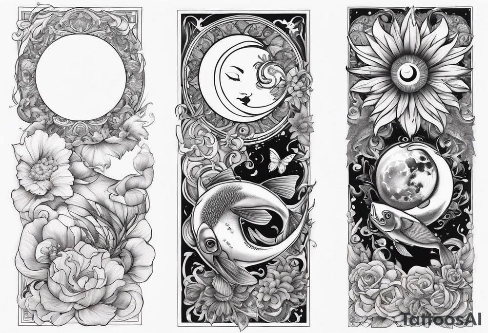 sun & moon, ying & yang, coi fish, and butterflies arm sleeve tattoo idea