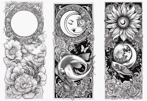 sun & moon, ying & yang, coi fish, and butterflies arm sleeve tattoo idea