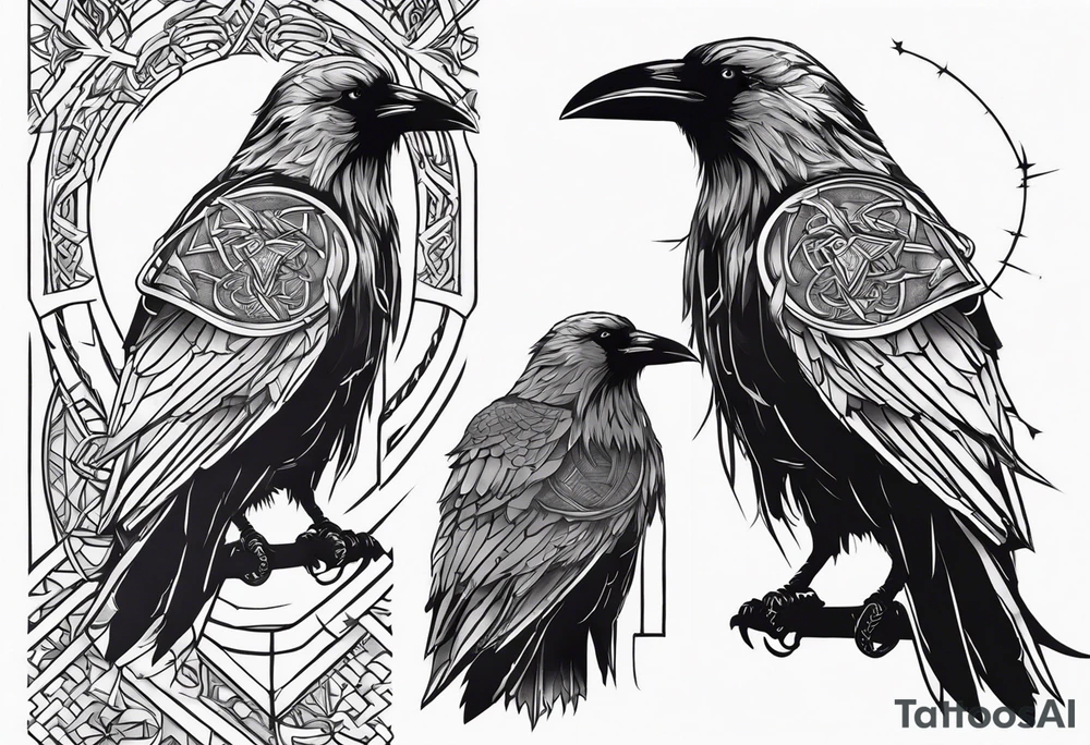 Create a tattoo of odin's crow set in the Viking mythology, the tattoo must be a full-right arm sized, with background tattoo idea