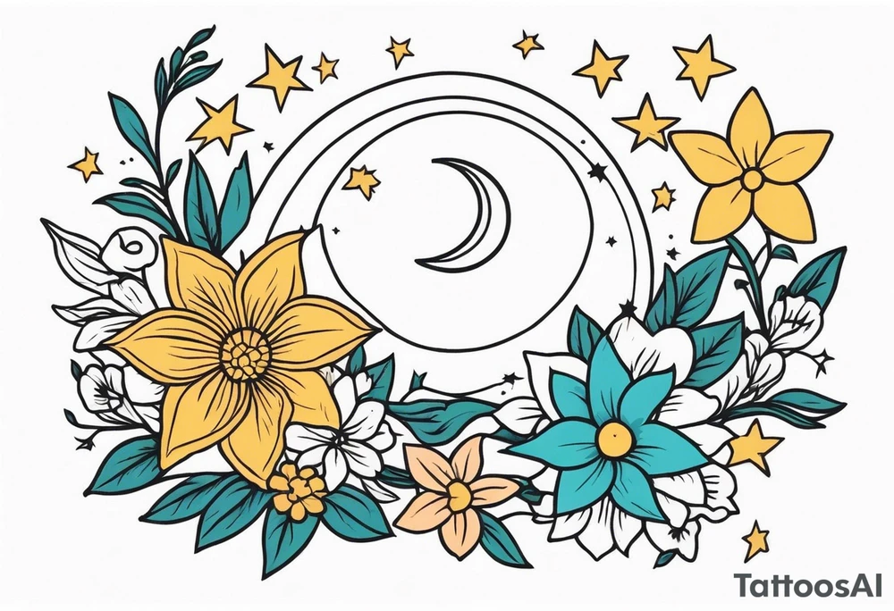 stars and moon

old school vintage simple traditional design with vintage flowers surrounding
bold color simple tattoo idea