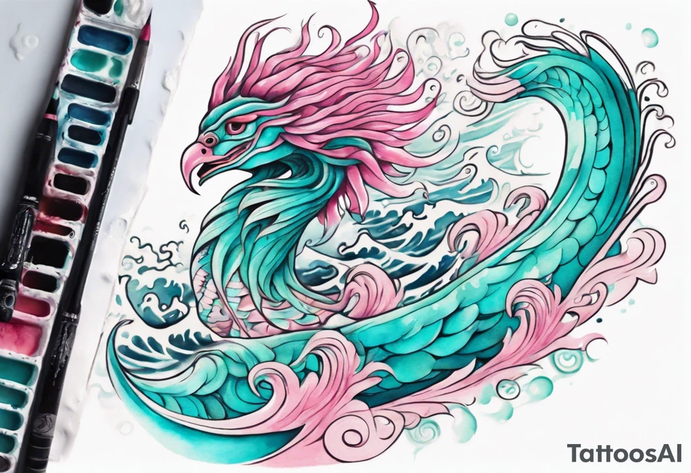 a beautiful turquoise pink and white sea Quetzalcoatl rising from the waves of the ocean with a feminine face tattoo idea
