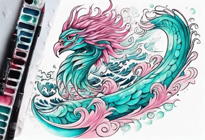 a beautiful turquoise pink and white sea Quetzalcoatl rising from the waves of the ocean with a feminine face tattoo idea