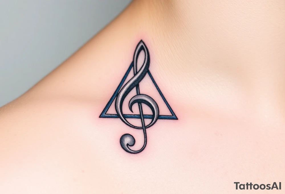 A treble clef composed of interlocking triangles, with deep blues, purples, and silver lines, symbolizing the complexity of music. tattoo idea