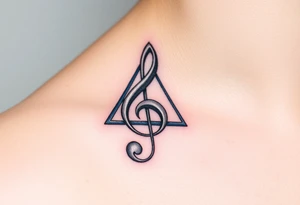 A treble clef composed of interlocking triangles, with deep blues, purples, and silver lines, symbolizing the complexity of music. tattoo idea