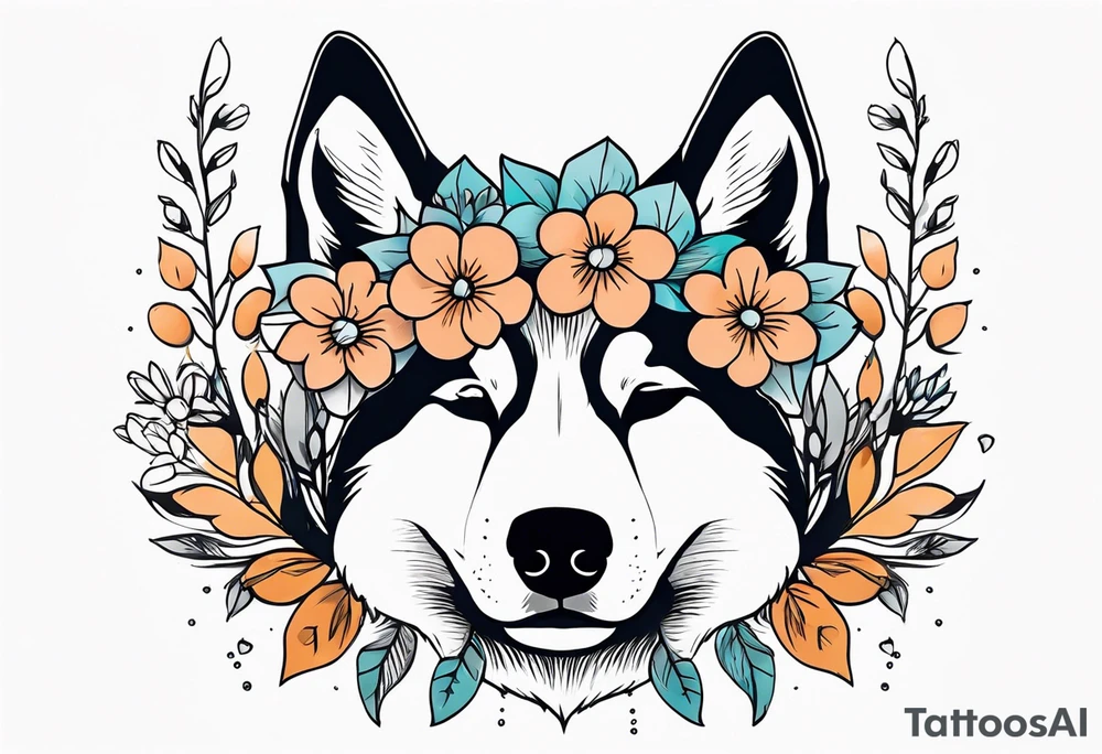 Husky ears with flowers tattoo idea