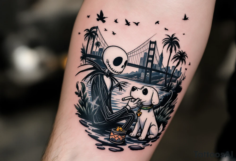 jack skellington with dog,smoking a blunt and fishing,surrounded by city buildings,golden gate bridge, birds, palm trees, tattoo idea