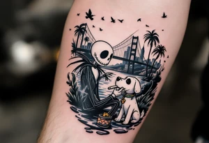 jack skellington with dog,smoking a blunt and fishing,surrounded by city buildings,golden gate bridge, birds, palm trees, tattoo idea