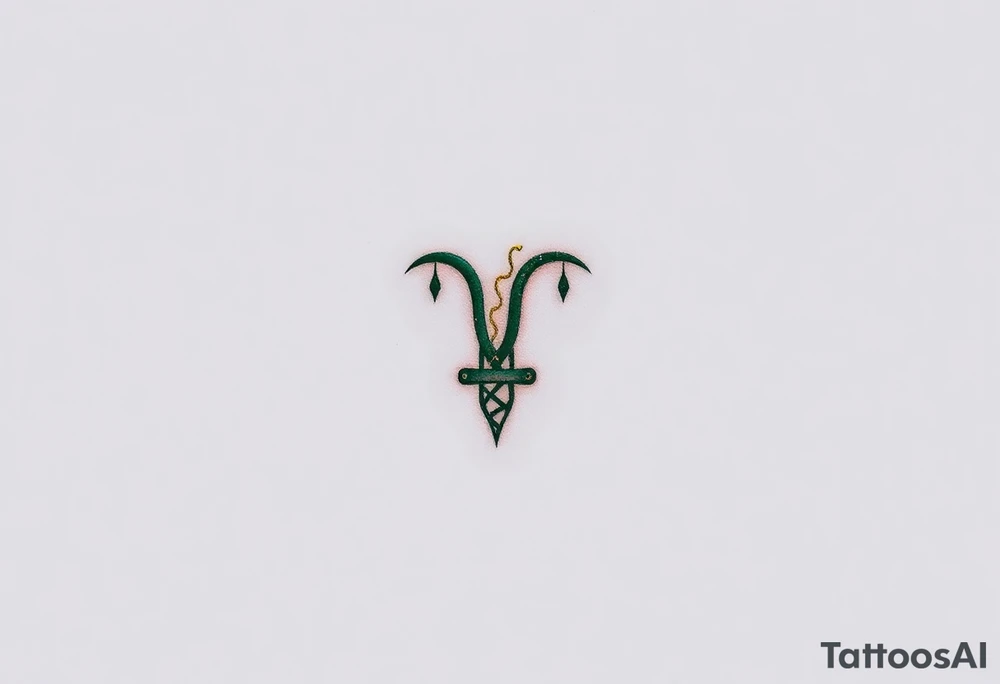 A minimalist Virgo glyph made of intertwining vines, in an elegant dark green and gold gradient tattoo idea