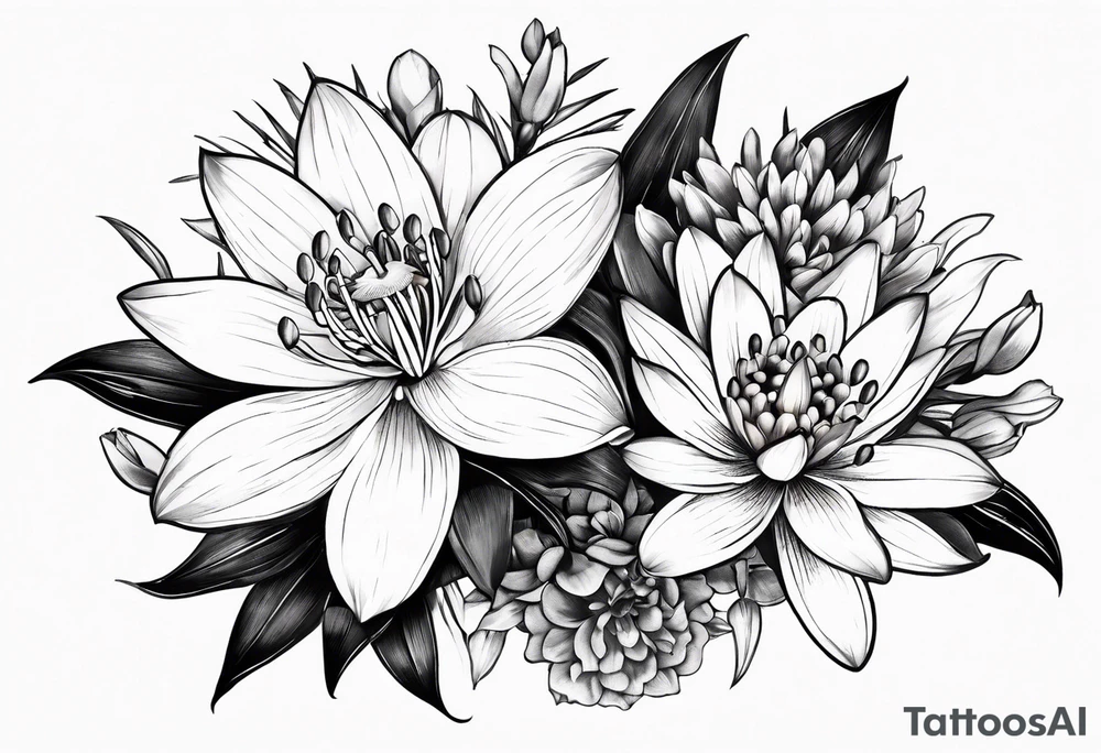 Water Lily, Lily of the Valley, Narcissus, and Gladiolus flower bouquet tattoo idea