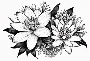 Water Lily, Lily of the Valley, Narcissus, and Gladiolus flower bouquet tattoo idea