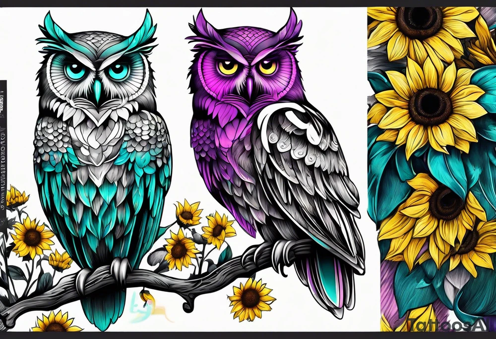 Half arm sleeve black and white owl shaded teal, pink and purple surrounded by yellow sunflowers tattoo idea
