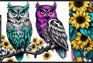 Half arm sleeve black and white owl shaded teal, pink and purple surrounded by yellow sunflowers tattoo idea