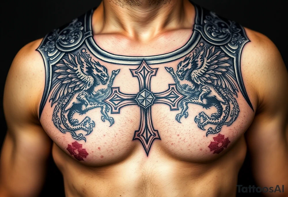 A close-up of an ornate Templar knight’s breastplate, with detailed engravings of dragons and templar cross tattoo idea